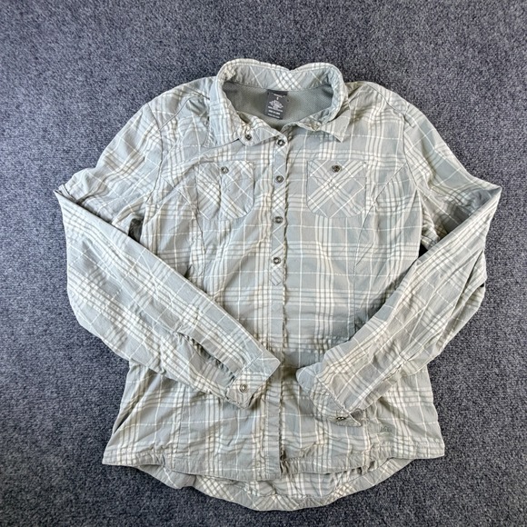REI Tops - REI Co-op Hiking Shirt Womens Small Gray‎ Plaid Stretch Mesh Lined Snap Front